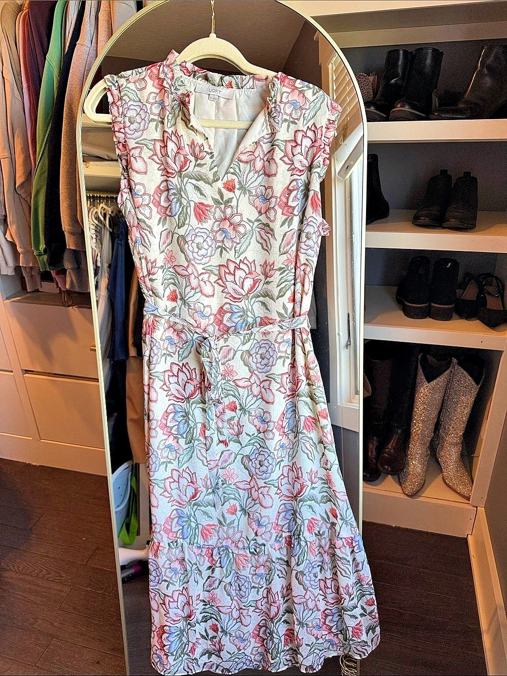 LOFT Floral Midi Dress in White & Pink Size Medium